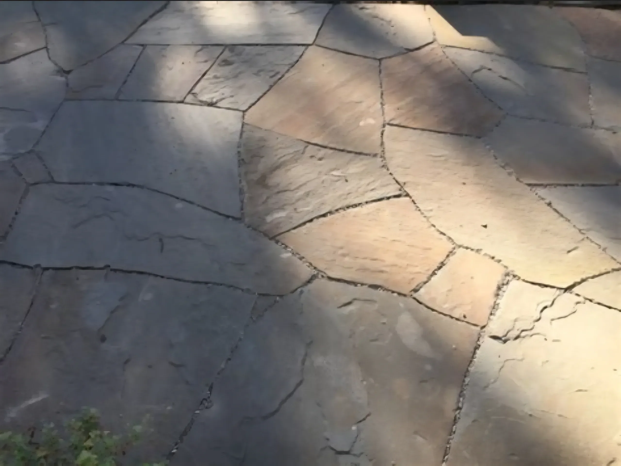 Sunlight highlights the clean color variation across sealed flagstone paving.